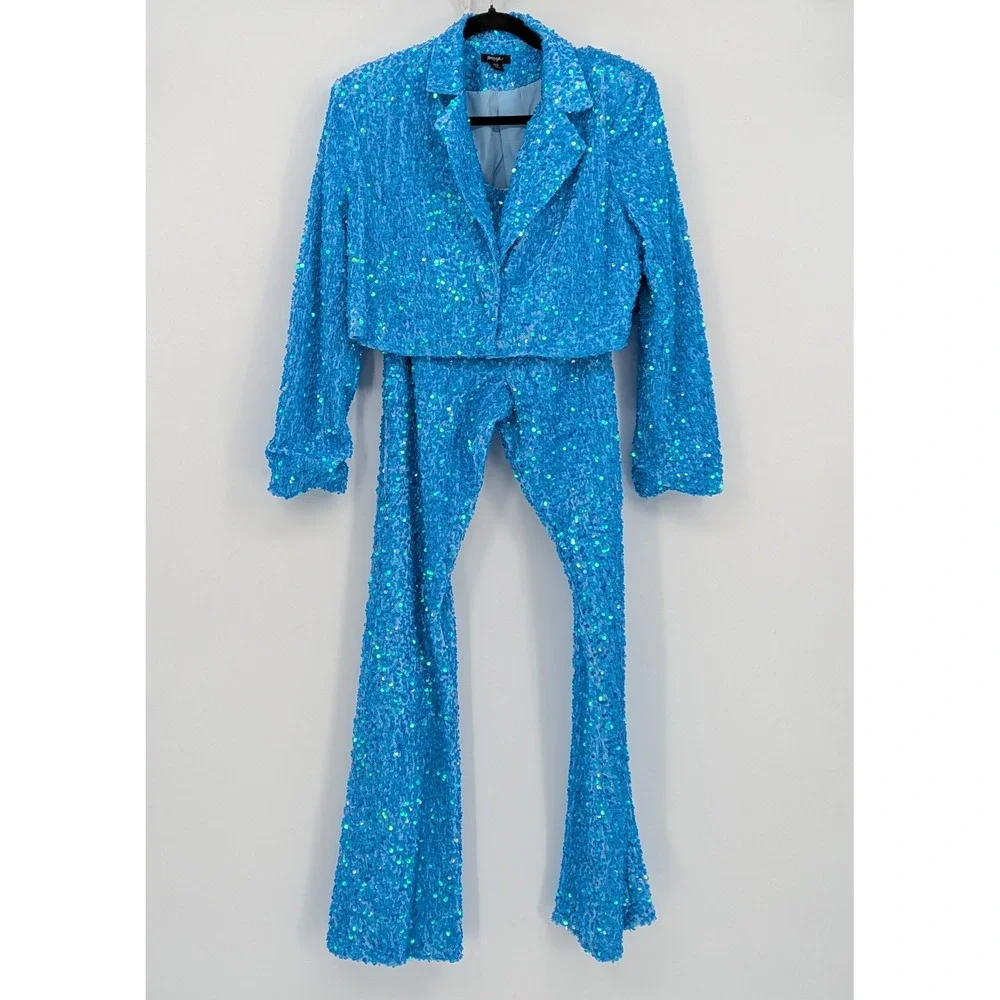 Nasty Gal $326 Size 6 Teal Blue Sequin Two Piece Set Cropped Blazer Flare Pants - Picture 6 of 16